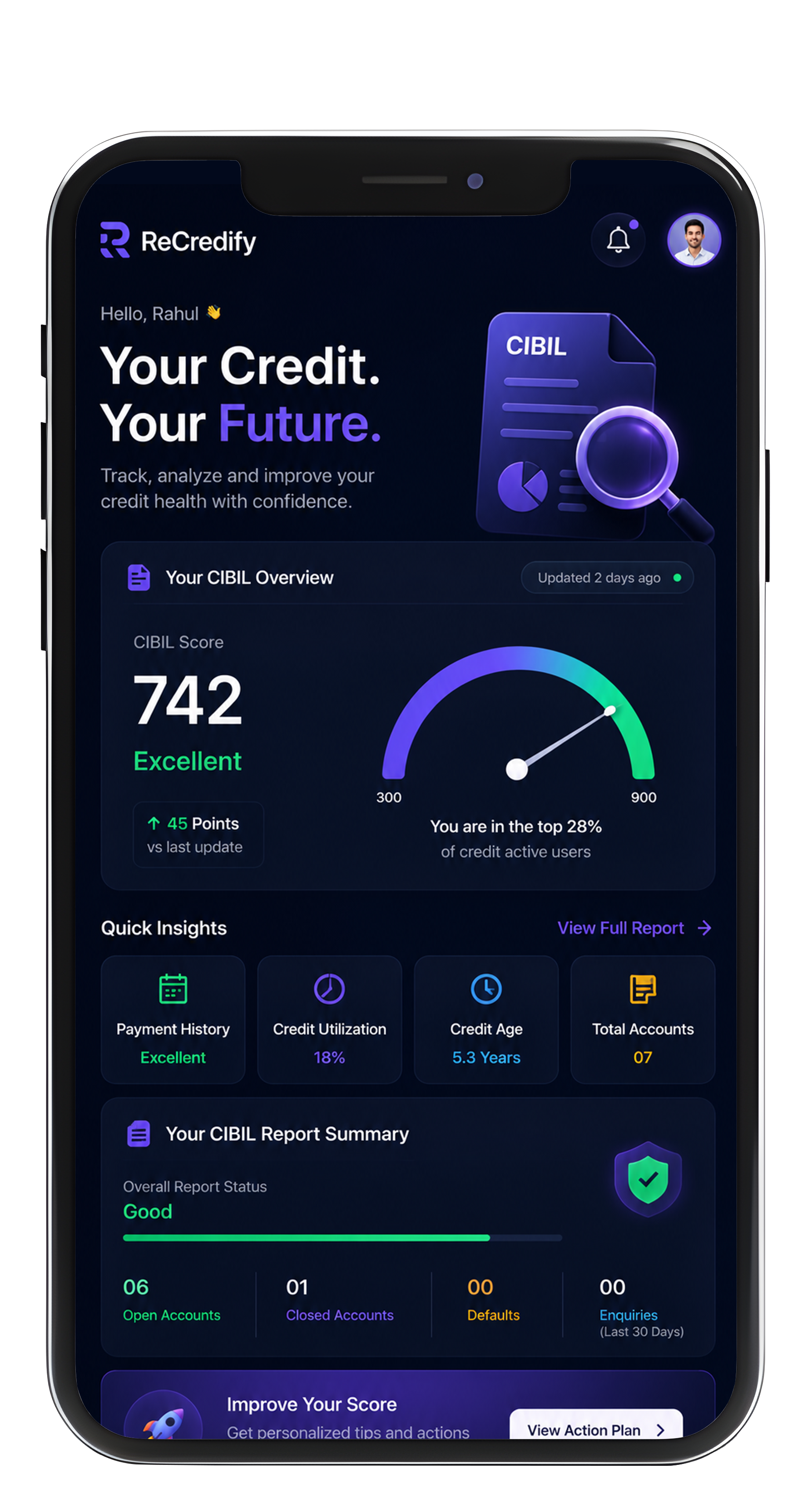 ReCredify mobile credit intelligence dashboard preview
